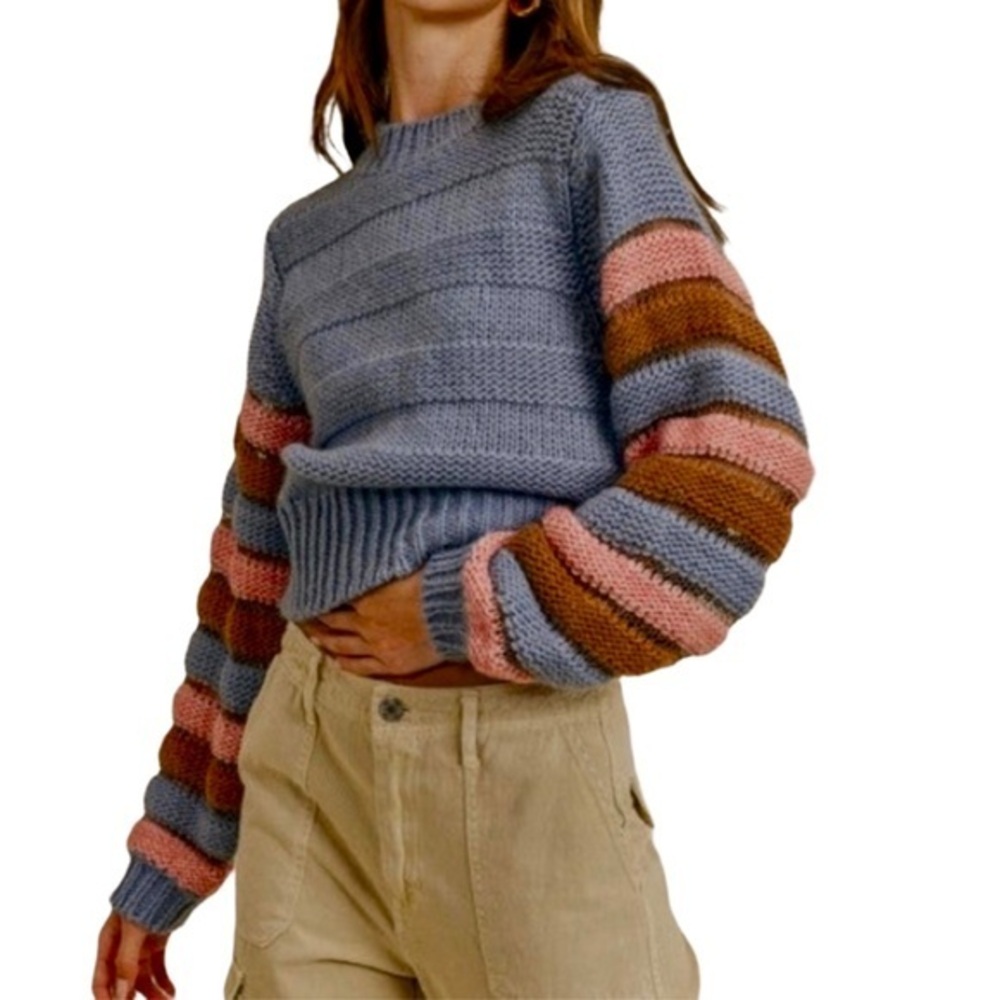 Lush Clothing Blue Sweater With Striped Sleeves